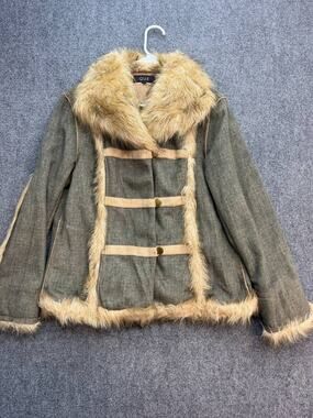 Q.U.E Womens Faux Fur Trim Jacket Coat Brown Beige Size M Boho Western